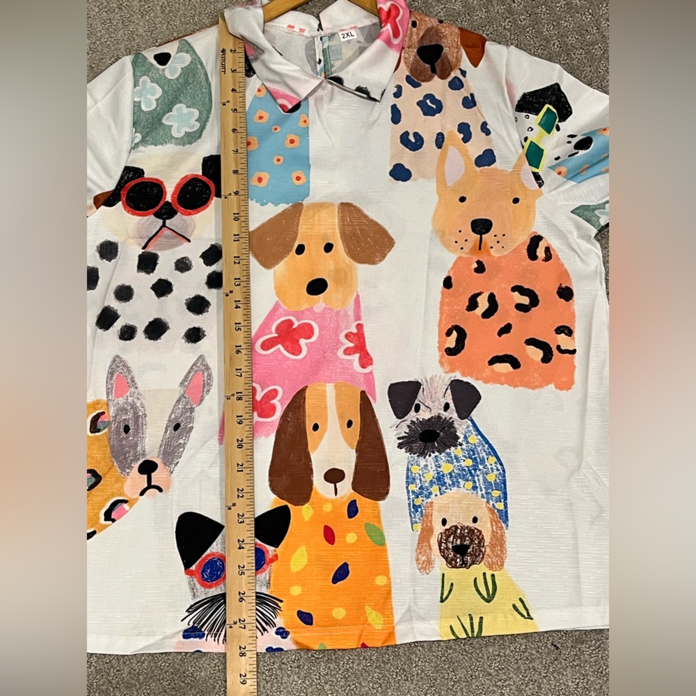 Whimsical Dog Print Short Sleeve Blouse - White Multicolor - Picture 4 of 10